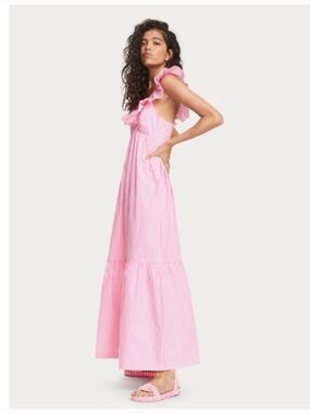 Scotch & Soda Ruffle Trim Stripe Maxi Dress Pink Sz XL